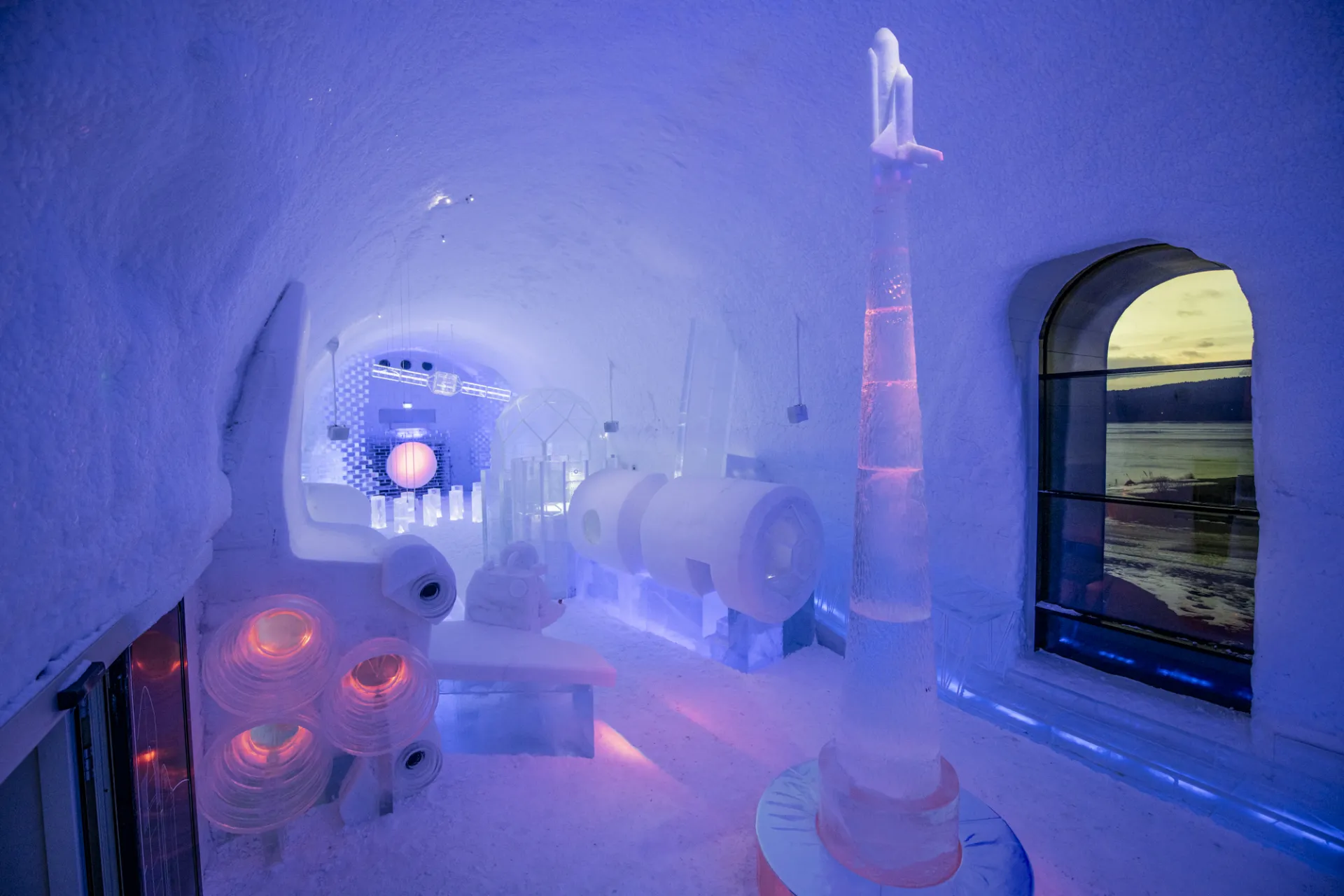 A carved ice suite lit from within the walls
