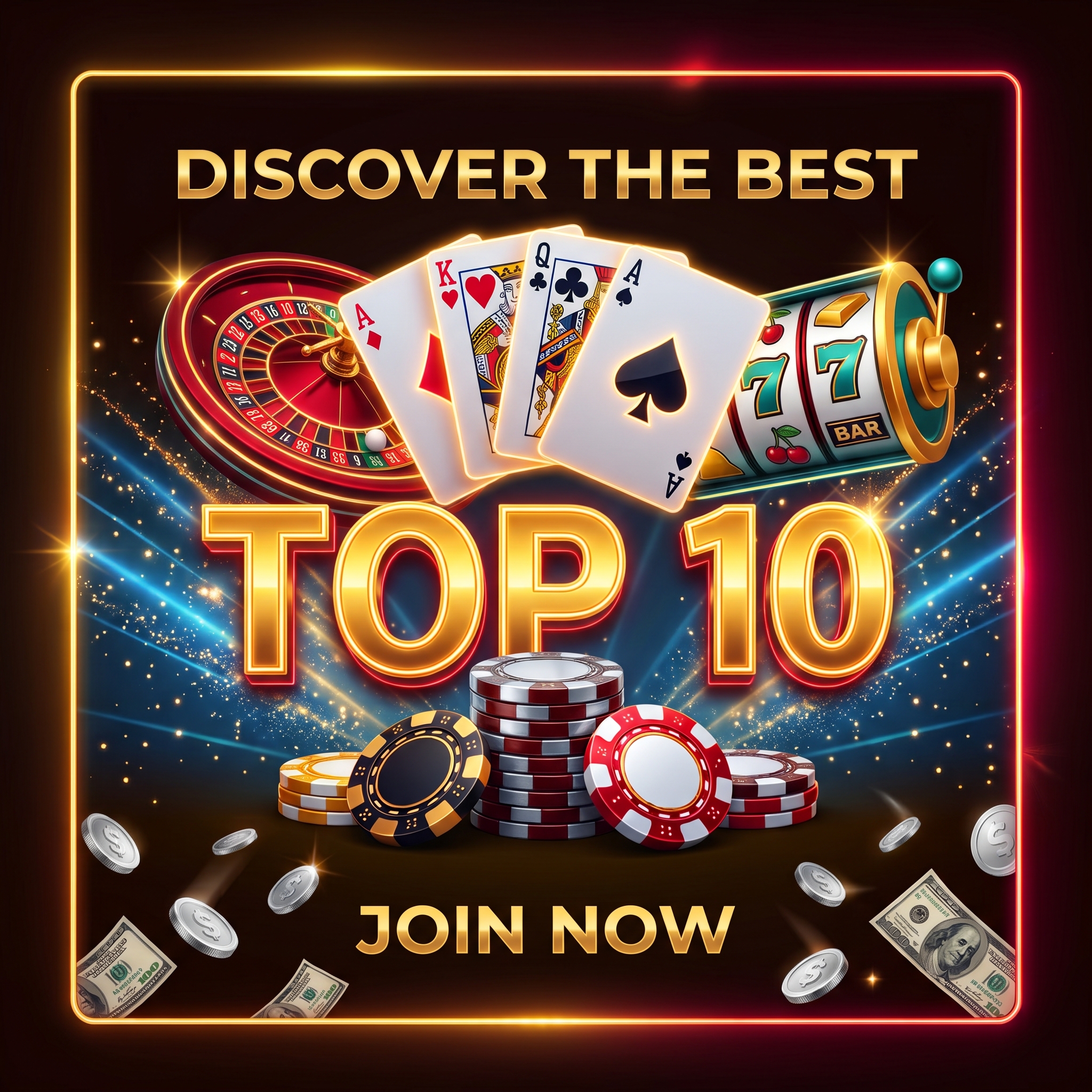 Gold lettering and casino symbols on a dark ground